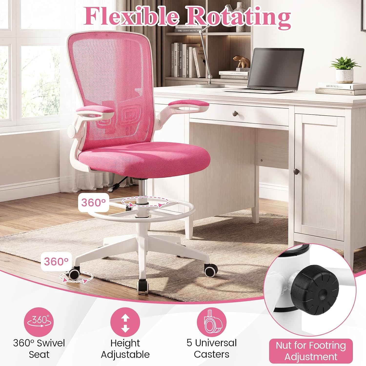 COSTWAY Drafting Chair, Tall Office Chair with Flip-up Armrests & Adjustable Foot Ring, High Back Computer Standing Desk Chair with Ergonomic Lumbar Support, Breathable Mesh (1, Pink)