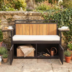 Outdoor Storage Bench, Outside Cushioned Loveseat Seating with Acacia Wood Backrest, 2 Folding Side Tables & 2 Doors, PE Rattan Deck Box for Patio Cushions, Garden Tools & Pool Supplies