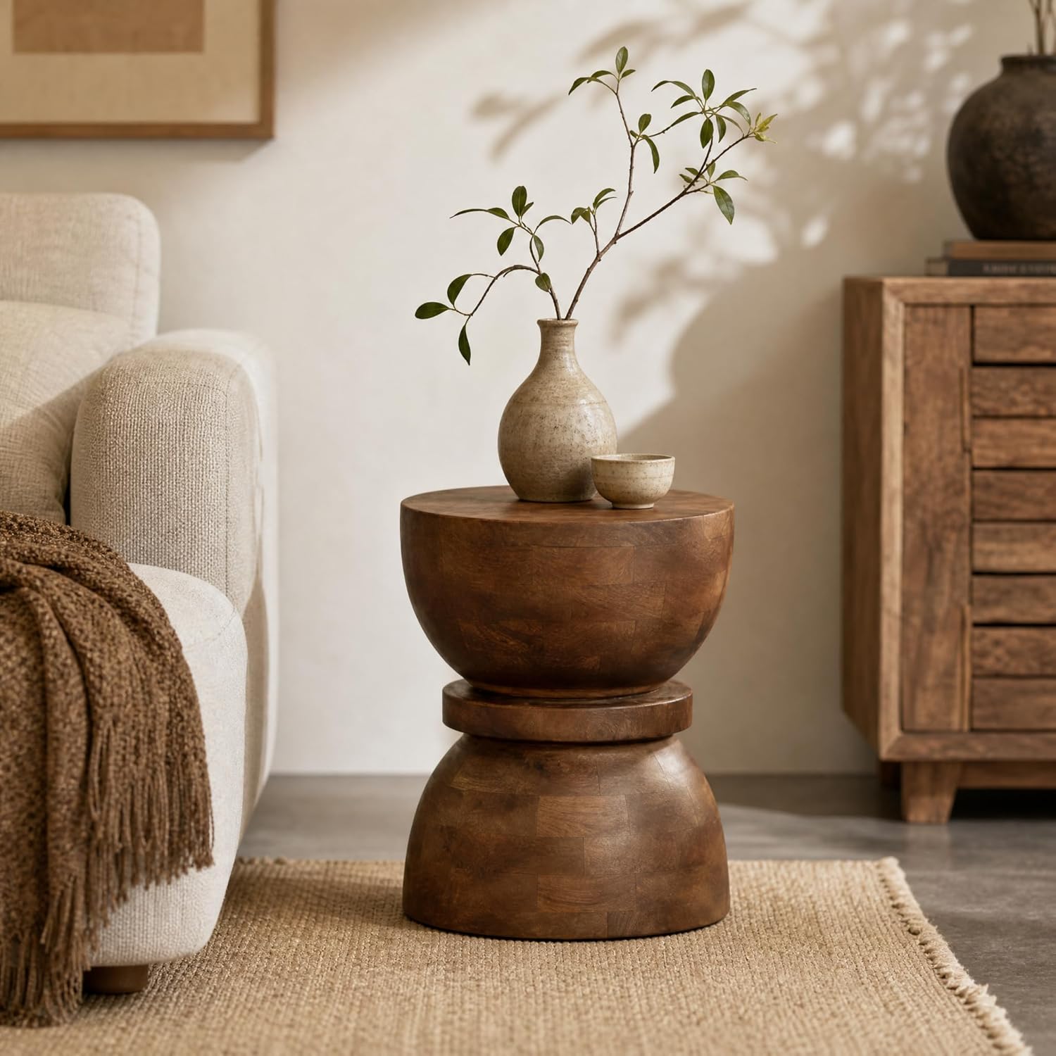 YESWOOD Round End Table, Mid Century Modern Side Table, Circle Bedside Tables Drink Table Mango Wood Nightstand for Small Spaces, Living Room