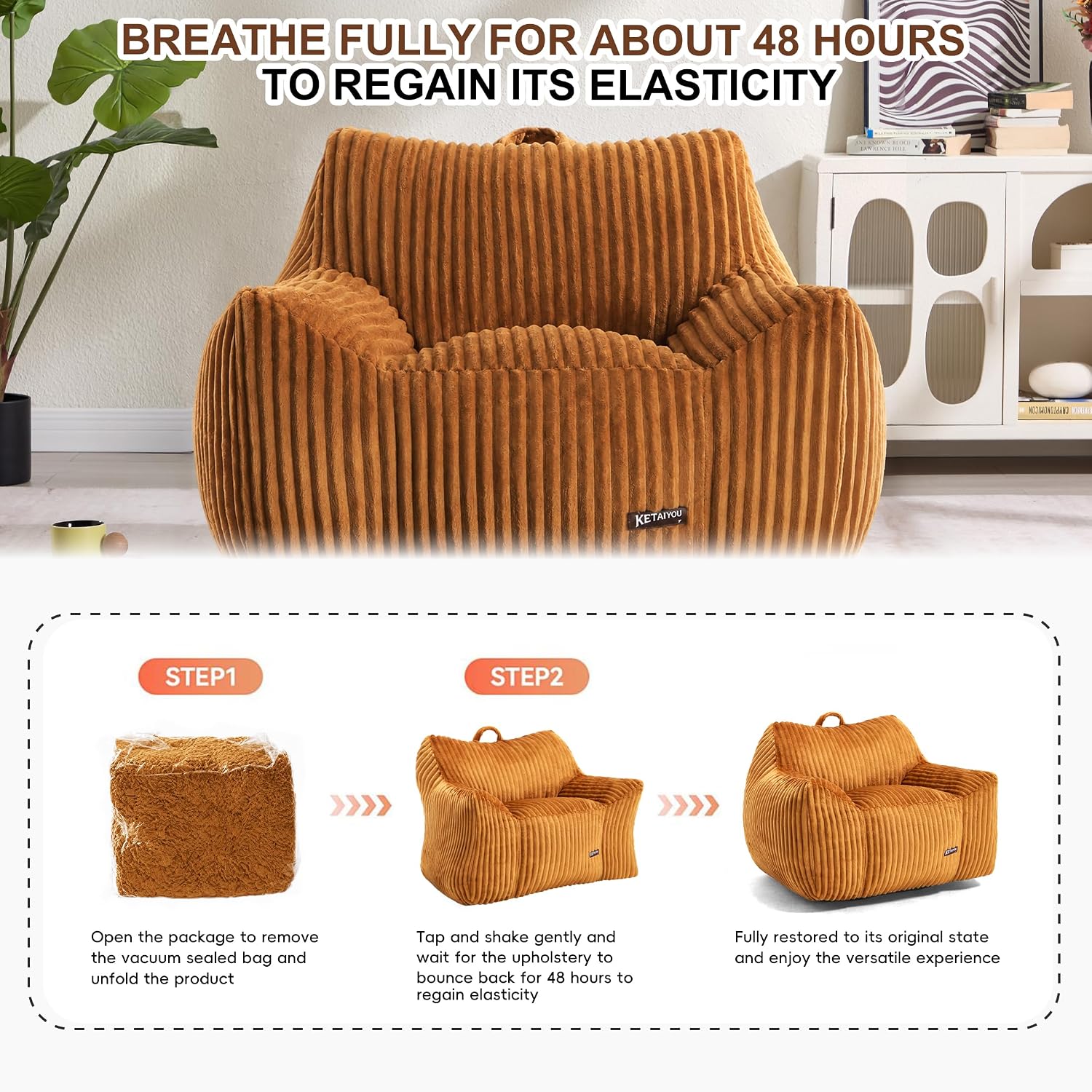 Large Bean Bag Chair for Adults Teens 41 Inch, Big Fluffy Beanbag Sofa with Back Support & Armrests, Plush Foam Filled Comfy Couch for Bedroom Gaming Living Room Reading (Orange)