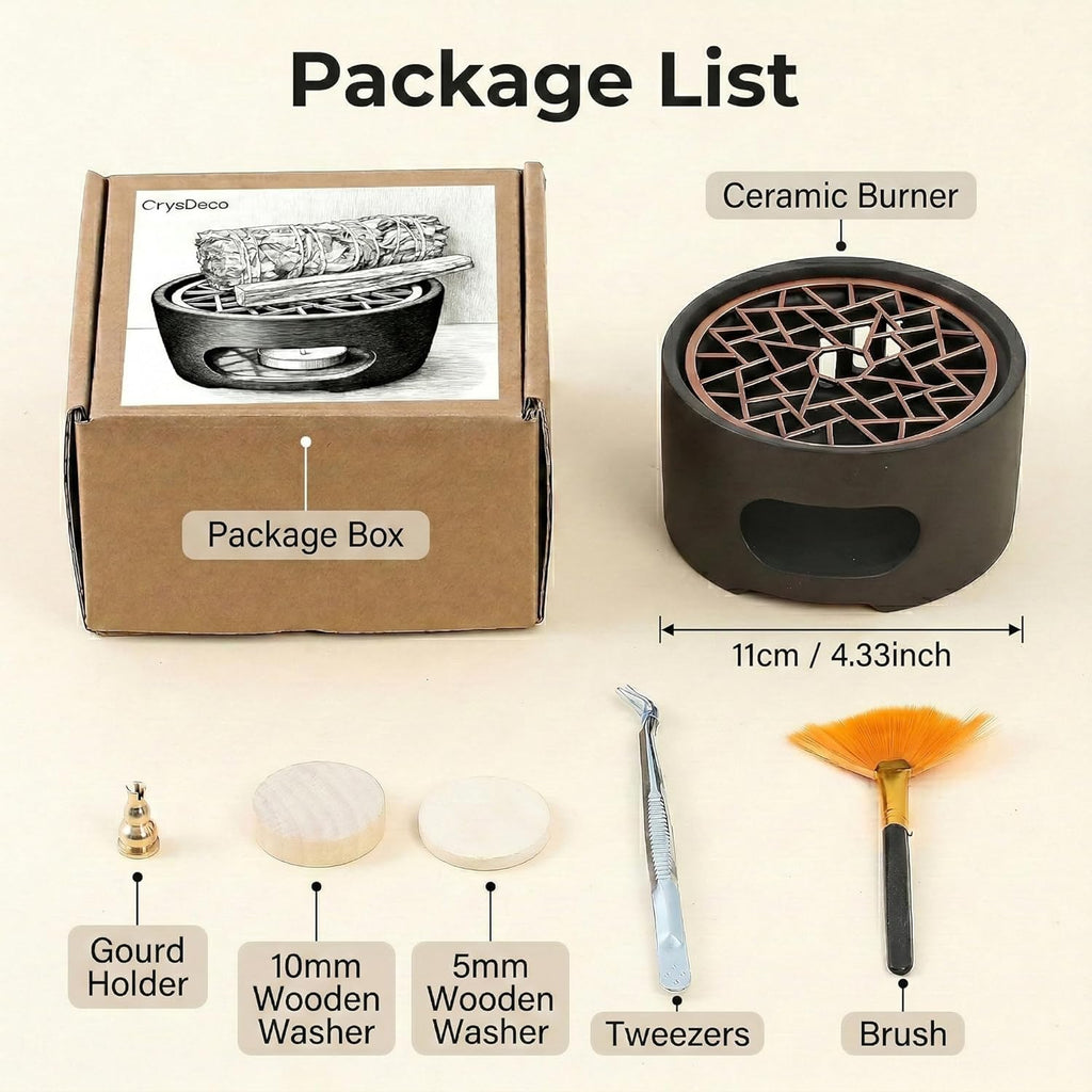 All-in-One Incense Holder for Burning Palo Santo & Sage Sticks & Insence-Stick and Cone & Candle, Lasting Burn Palo Santo & Sage Bundle & Loose Sage Leaves, Ash-Free, Wind-Resistant(Brown)