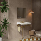 28" Bathroom Console Sink, Wall-Mounted White Ceramic Vanity Basin with 3 Pre-drilled Faucet Holes, Freestanding Gold Stainless Steel Support Legs with Towel Bar, No Faucet - Rome, White