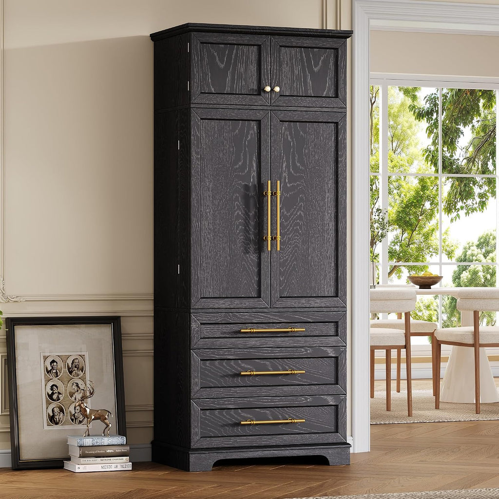 JIJIWANG Kitchen Pantry Storage Cabinet with Doors & Adjustable Shelves,Farmhouse Kitchen Pantry Cabinet with Drawer & Storage,for Kitchen, Dining & Bathroom,Black
