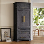 78.2" Tall Farmhouse Kitchen Pantry Cabinet with 8 Door Shelves, Storage Cupboard with 3 Adjustable Shelves, 3 Large Drawers,for Dining & Bathroom (Ash Black-J)