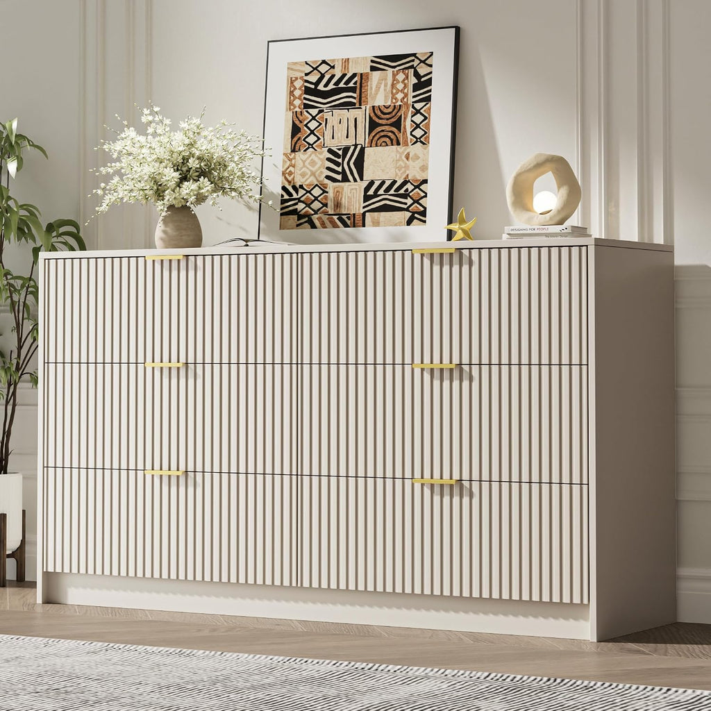 MAISONARIA 6 Drawer Dresser for Bedroom, 55" Wide Modern Chest of Drawers with Gold Metal Handles, Fluted Wood TV Stand for Living Room, Hallway(Beige)