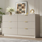MAISONARIA 6 Drawer Dresser for Bedroom, 55" Wide Modern Chest of Drawers with Gold Metal Handles, Fluted Wood TV Stand for Living Room, Hallway(Beige)
