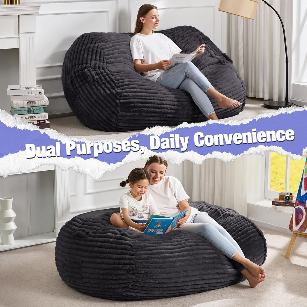 Hobestluk 4FT Bean Bag Chairs Adult Bean Bag with Portable Handle Comfy Large Bean Bag Chair with Removable Cover for Living Room Bedroom or Reading Nook (Stripe Dark Grey, 4FT)