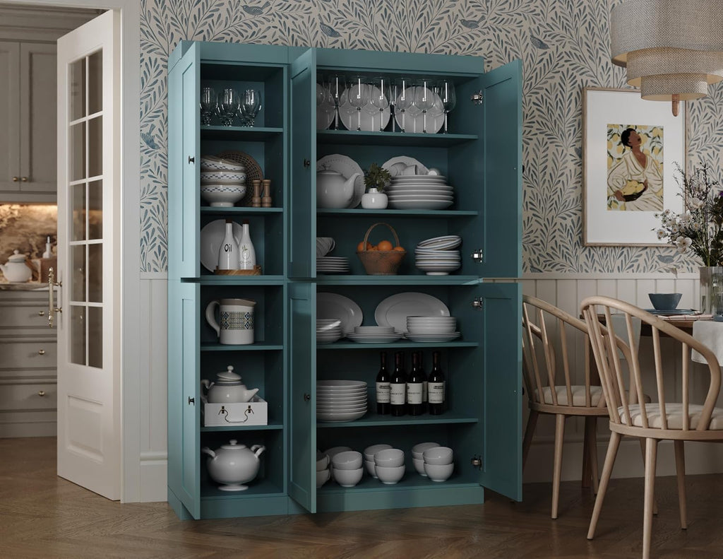 Palace Imports Solid Wood Kitchen Pantry Cabinet 71.5" Tall, 48.5" Wide – Wooden Storage Cabinet w/ 6 Shaker Doors & 8 Adjustable Shelves – Aqua, 100% Renewable Eco-Friendly Wood, Made in Brazil