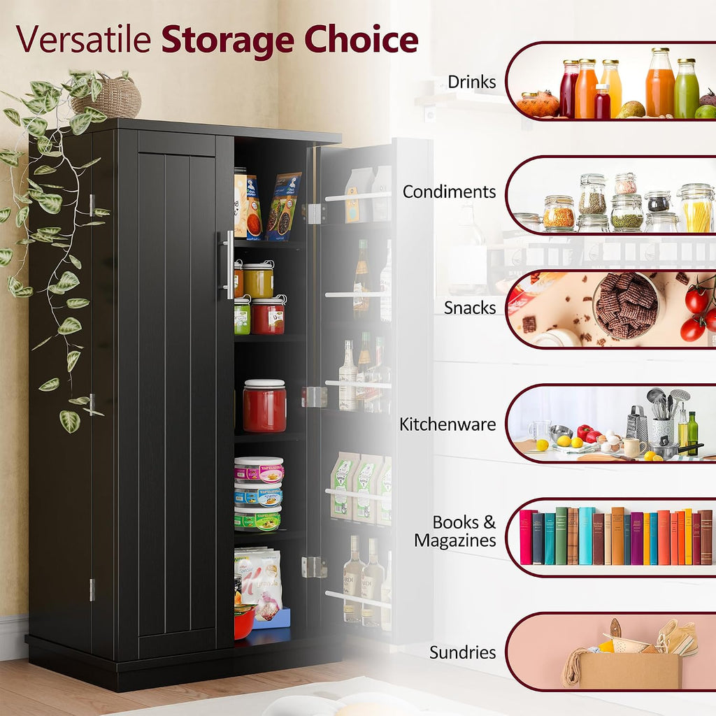 Kitchen Pantry Cabinet Food Storage Cabinets with Door and Adjustable Shelves Freestanding Pantry Cabinet with Anti-Tip Kit for Small Space for Kitchen Dining Room Black