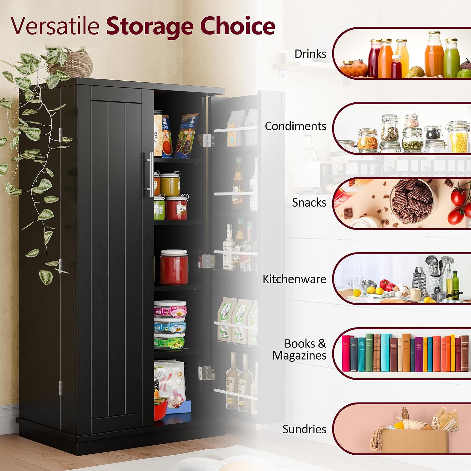 Kitchen Pantry Cabinet Food Storage Cabinets with Door and Adjustable Shelves Freestanding Pantry Cabinet with Anti-Tip Kit for Small Space for Kitchen Dining Room Black