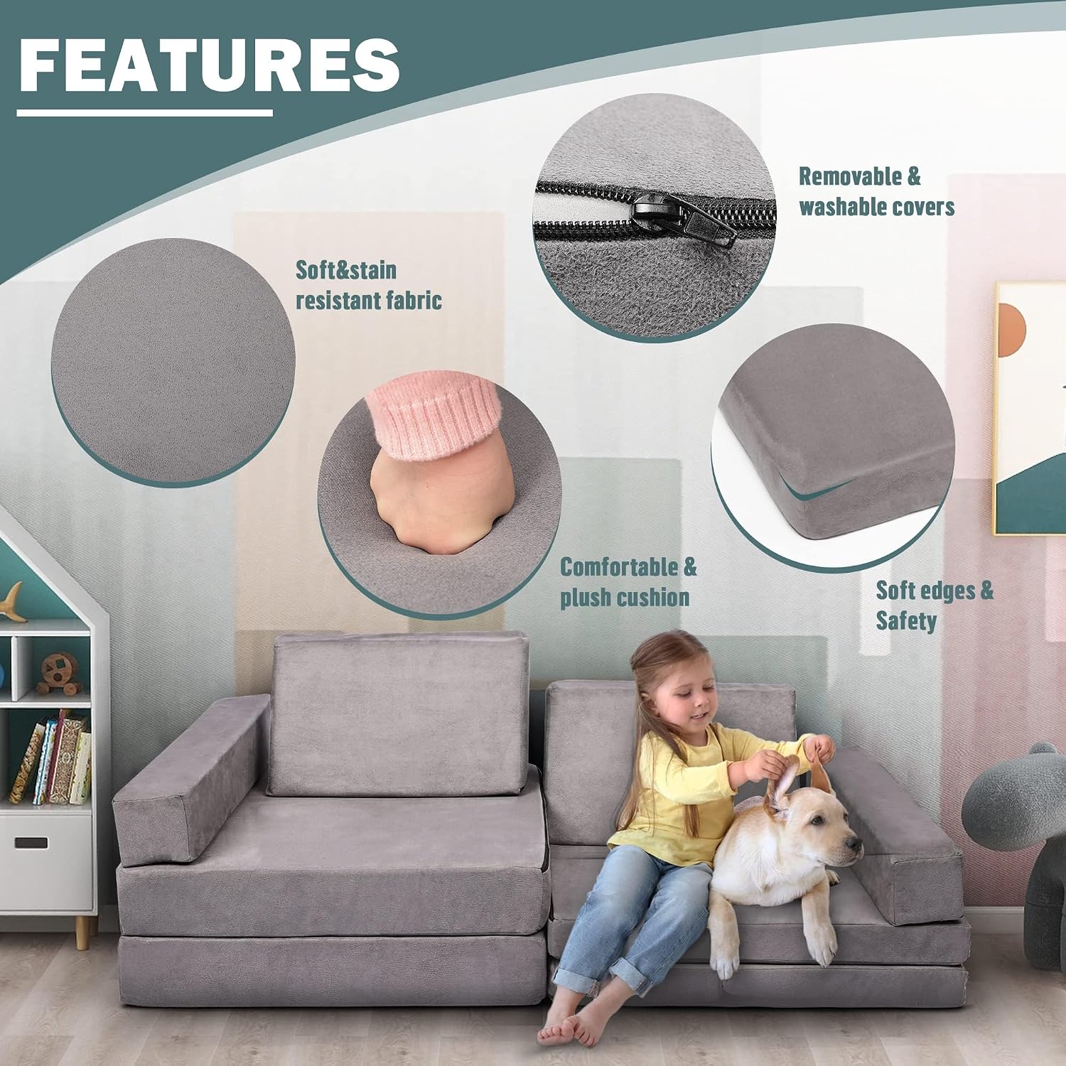 Betterhood Modular Kids Play Couch, Kids Couch Building Fort for Playroom, Children Convertible Foam Cushion for Boys and Girls (Square Armrest, Grey)