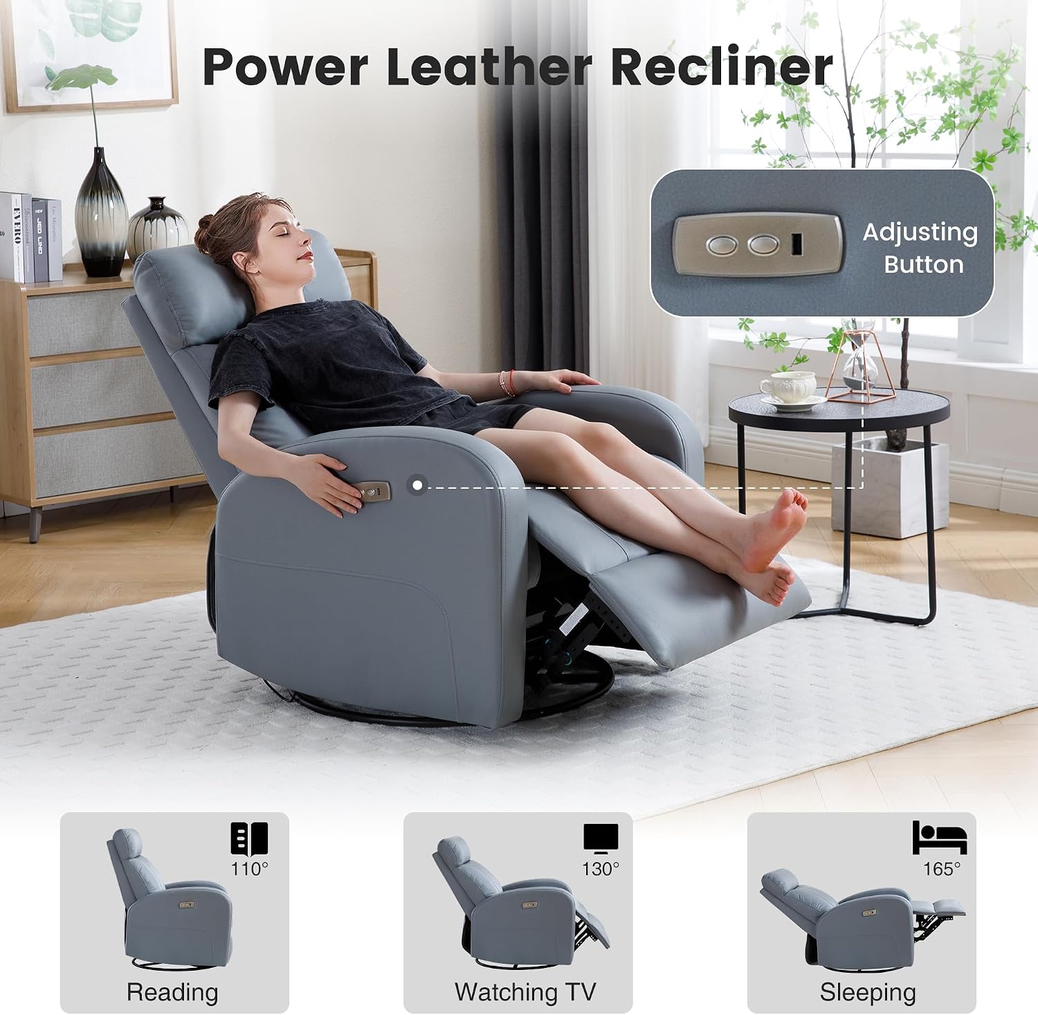 Power Swivel Rocker Recliner, Faux Leather Rocking Recliner Chair with USB Port, Swivel Glider Reclining Chair Nursery Recliners for Living Room, Blue