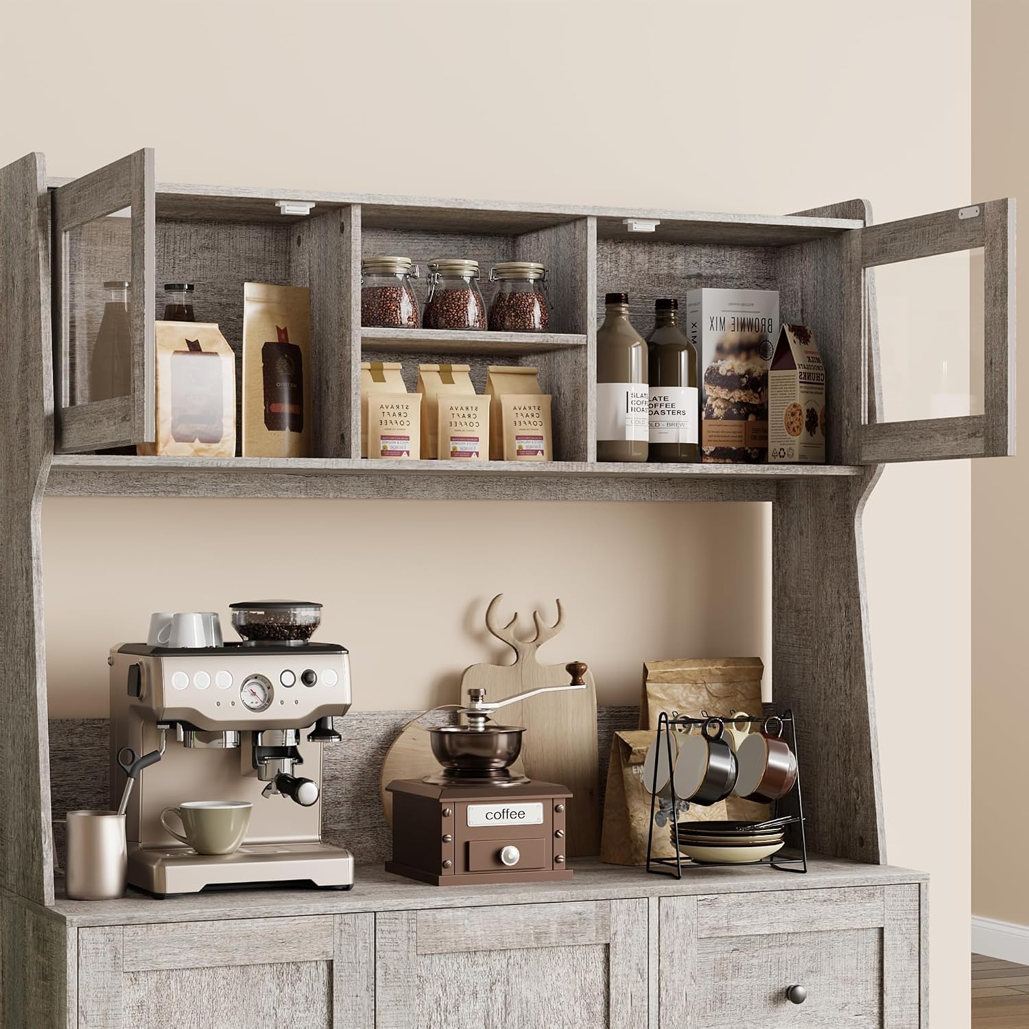 67'' Tall Kitchen Pantry Cabinet with Microwave Shelf, Sideboard Hutch Storage Cabinet with Doors, Shelves and Drawers, Wooden Coffee Bar, Sideboard Buffet Cabinets with Storage for Office(Grey)