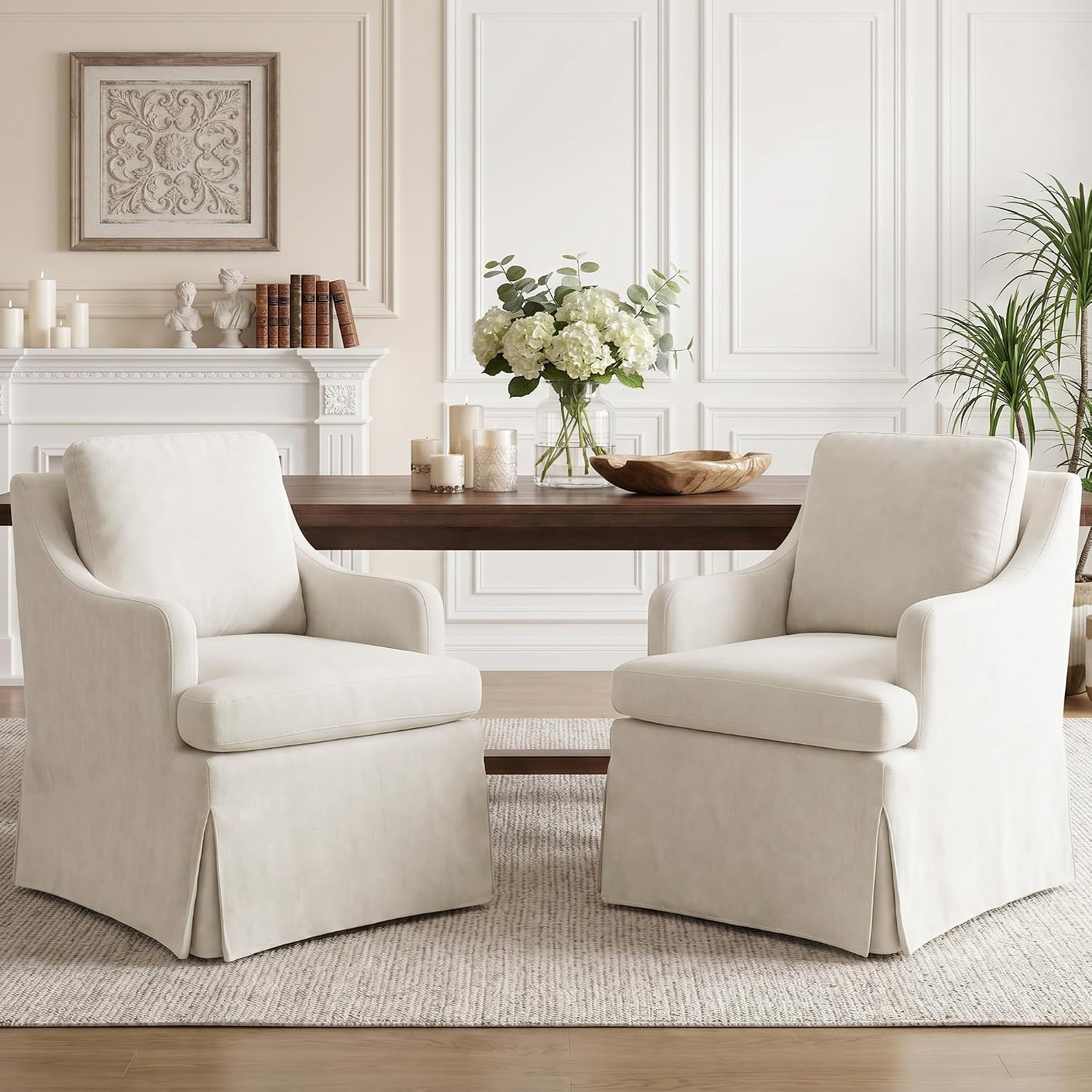 Usaint Upholstered Dining Chairs Set of 2, Modern Slipcovered Dining Room Chairs with 4 Casters and Washable Cover, Rolling Accent Chair for Bedroom,Living Room, Restaurant, Beige