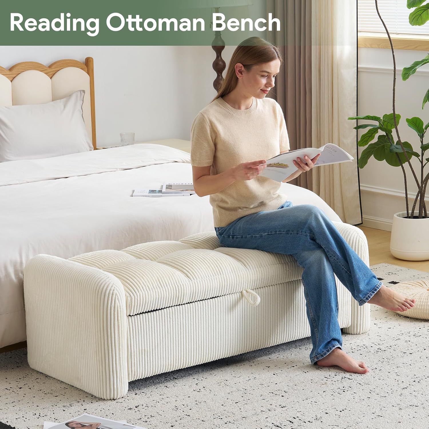 Upholstered End of Bed Bench with Storage,Oversized Corduroy Storage Ottoman Bench for Living Room,Ottoman Foot Rest for Bedroom,Beige
