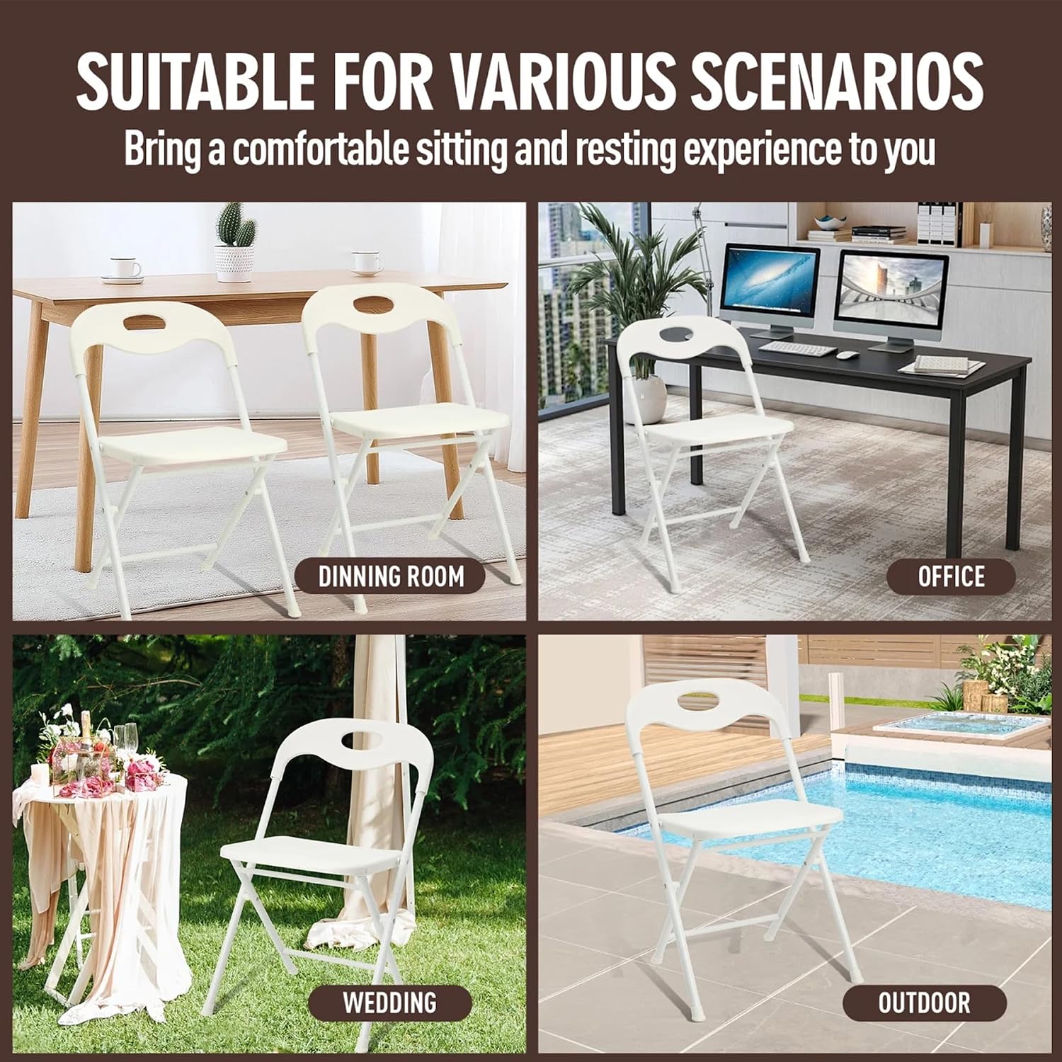 Huacan 4 Pack White Folding Chair - Portable Stackable Commercial Foldable Chair Reinfoced Steel Frame for Comfortable Event Chair-Lightweight Folding Chair (White, 4 Pack)