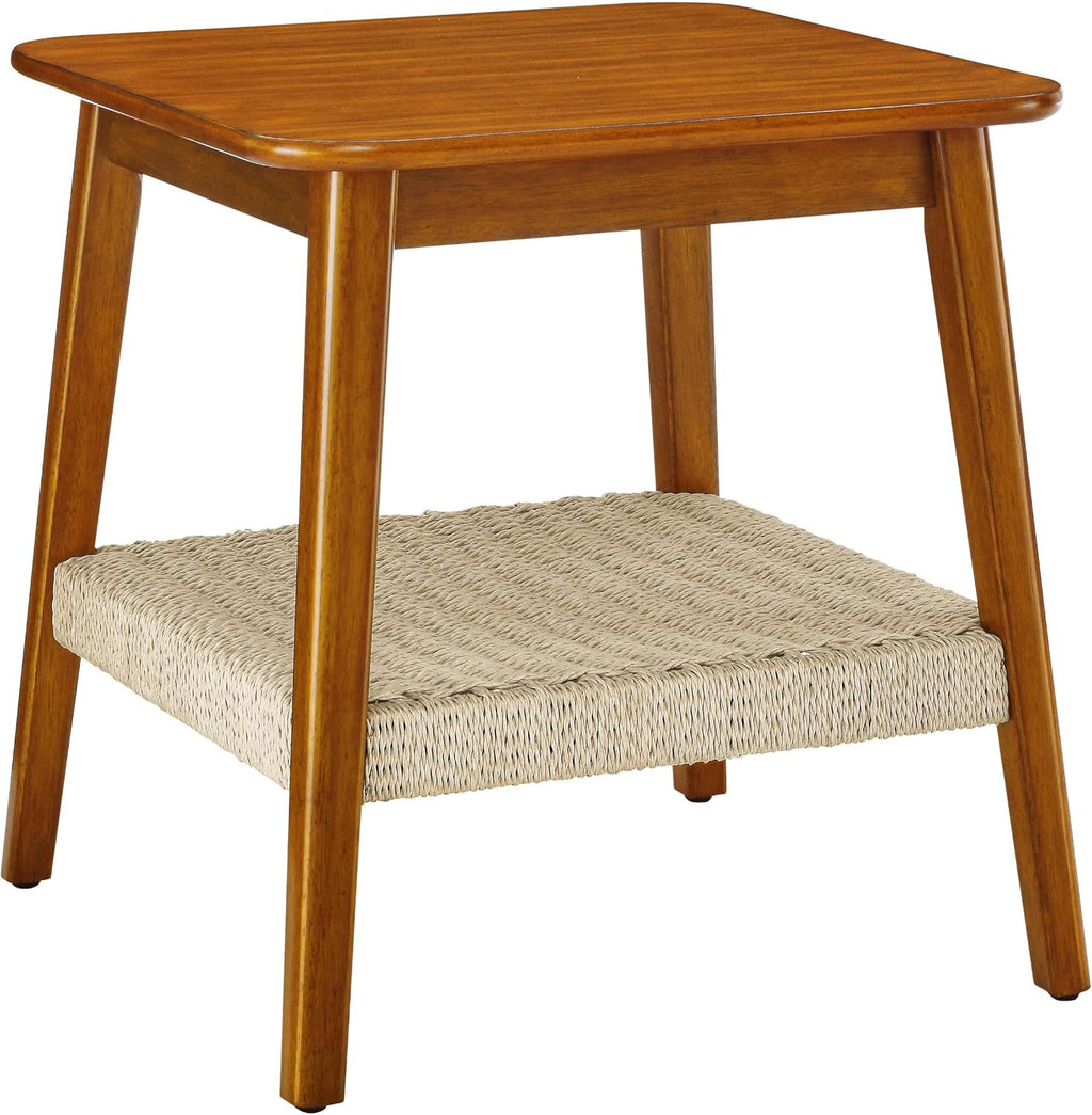 23" Narrow Side Tables Living Room, Mid-Century Small End Table with Woven Shelf & Storage, Solid Wood Couch Side Table for Living Room, Bedroom & Entryway, Dark Walnut, Boho (Walnut)