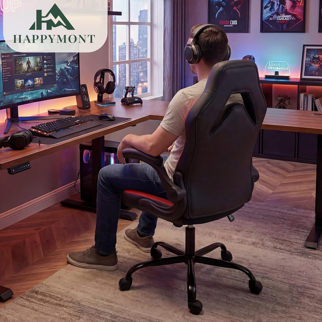 Ergonomic Computer Gaming Chair with Flip-up Armrest, Height Adjustable PU Leather Home Office Desk Chair with Lumbar Support Swivel Wheels and for Adults and Kids, Scarlet Red