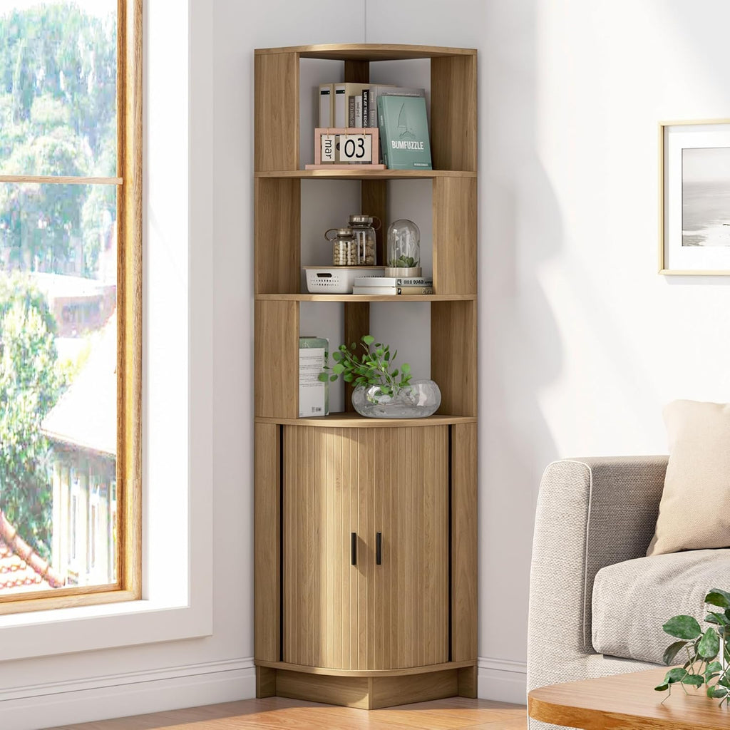Corner Shelf, 5-Tier Corner Storage Cabinet with Fluted Doors, 64.6" Corner Shelves Bookshelf Stand Display Rack for Bedroom, Living Room, Kitchen, Home Office, Oak