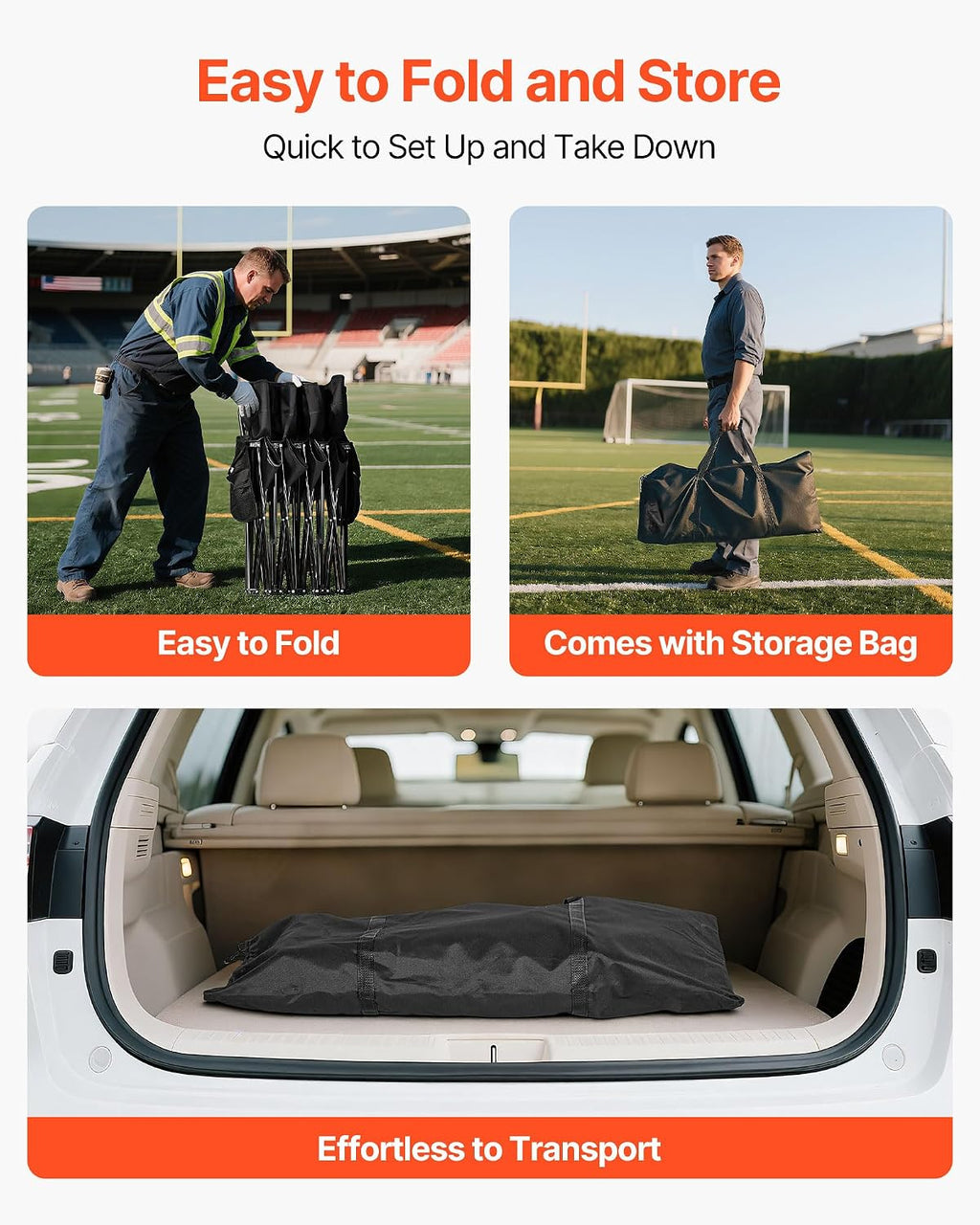 VEVOR Portable Folding Bench, 4 Seat Foldable Soccer Bench with Side Pockets and Carrying Bag, Lightweight Sideline Seating with Back Rest for Football, Baseball, Camping, Outdoor Events, Black