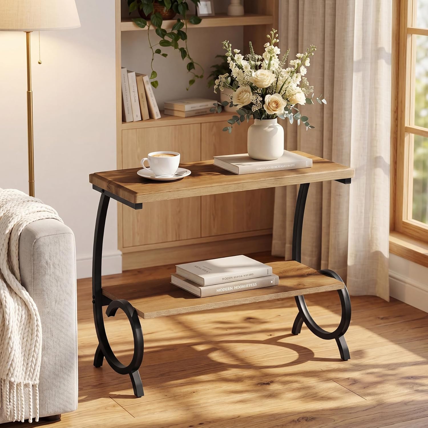 Tribesigns 2-Tier End Table, Narrow Couch Side Table with J-Shaped Metal Legs, Farmhouse Side Table for Couch, Wooden Bedside Nightstand for Living Room, Bedroom, Brown & Black