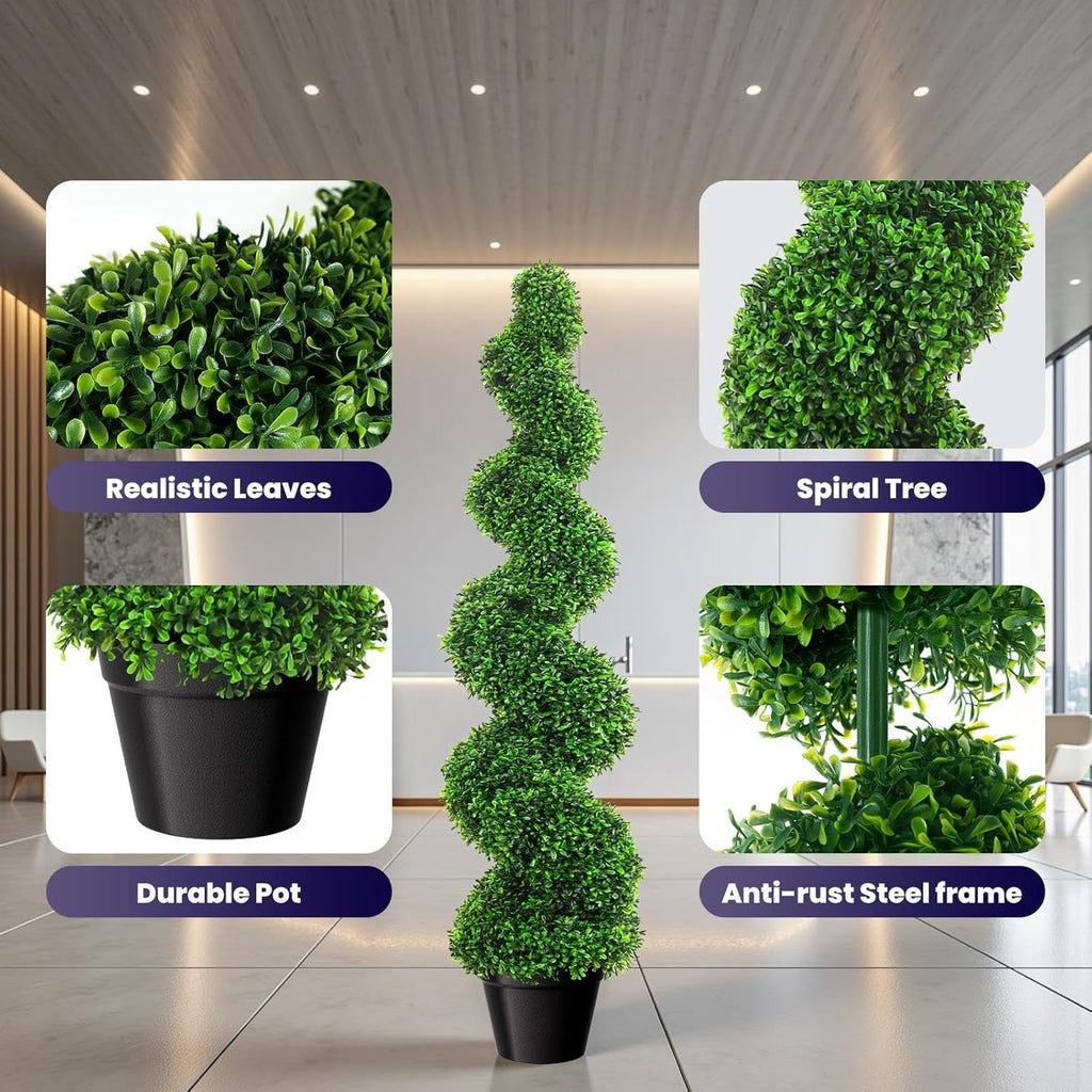 4ft Artificial Boxwood Spiral Tree Set (2 Pieces), Faux Plants Outdoor with Weighted Pot, Artificial Outdoor Plants for Outdoor Walkway & Indoor Decor, Boxwood Topiary, Artificial Trees for Outdoors