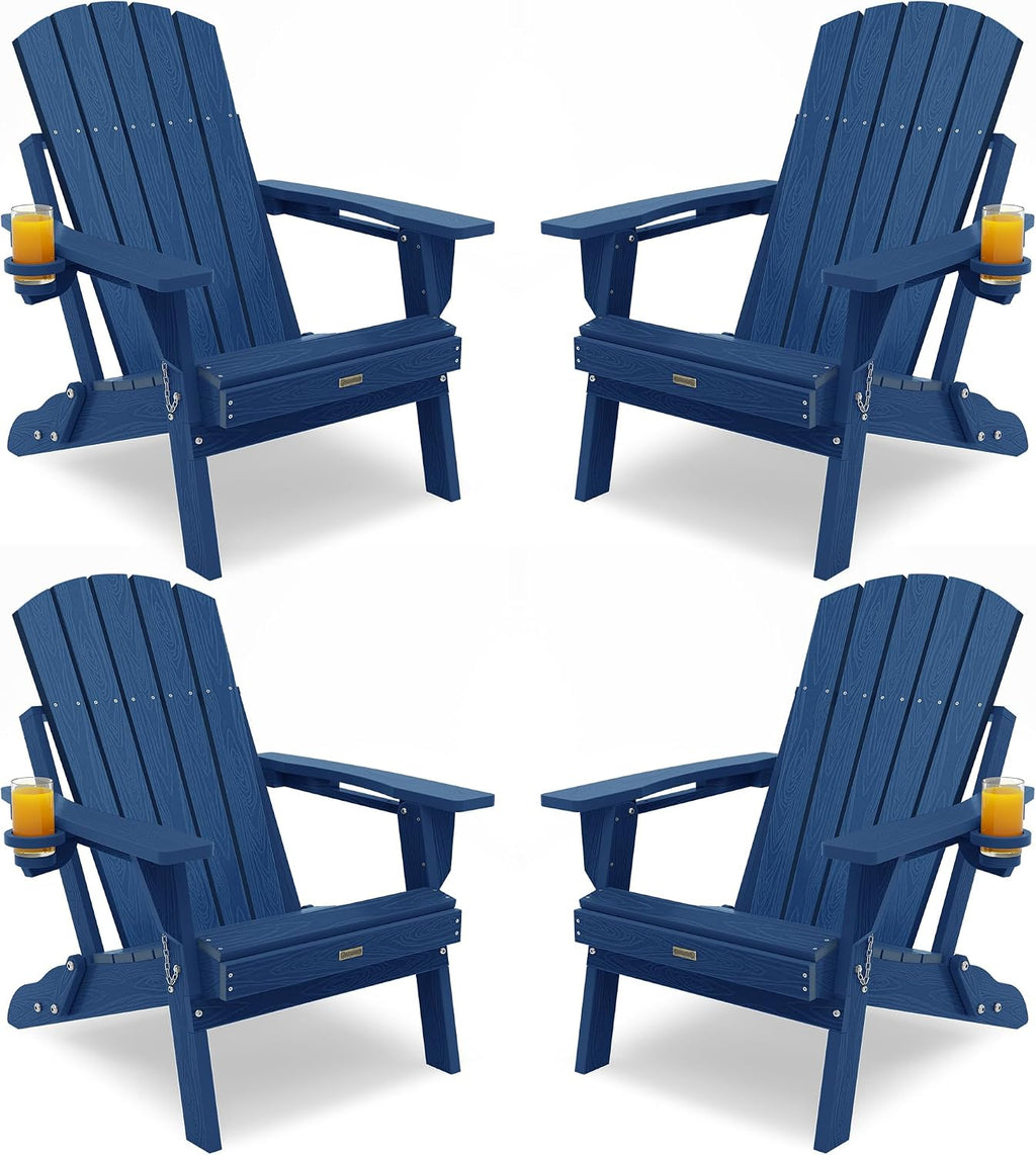 Adirondack Chair with Cup Holder: Adirondack Chairs Set of 4 Plastic HDPE Material Furniture - Composite Fire Pit Chairs Foldable for Outdoor/Backyard/Garden/Lawn/Deck/Porch/Patio