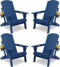 Adirondack Chair with Cup Holder: Adirondack Chairs Set of 4 Plastic HDPE Material Furniture - Composite Fire Pit Chairs Foldable for Outdoor/Backyard/Garden/Lawn/Deck/Porch/Patio