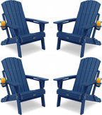 Adirondack Chair with Cup Holder: Adirondack Chairs Set of 4 Plastic HDPE Material Furniture - Composite Fire Pit Chairs Foldable for Outdoor/Backyard/Garden/Lawn/Deck/Porch/Patio