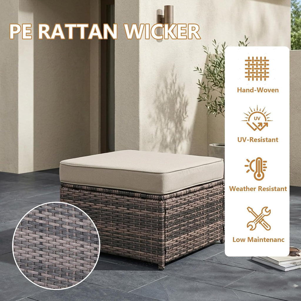 2 Piece Patio Sofa Ottomans with 4.3" Thick Cushions, Wicker Outdoor Couch Extension Set, All-Weather Rattan Seating Accessory for Backyard Furniture,Beige