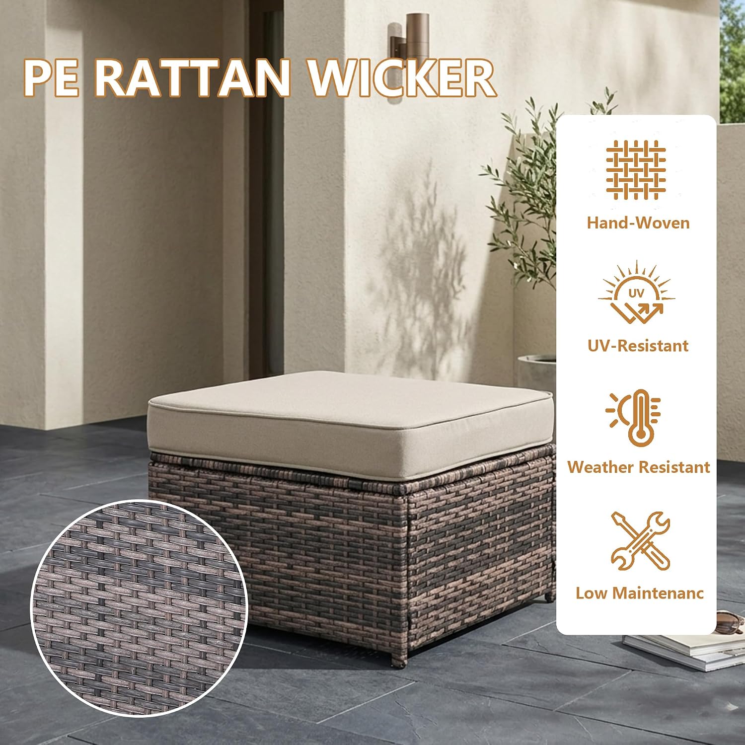 2 Piece Patio Sofa Ottomans with 4.3" Thick Cushions, Wicker Outdoor Couch Extension Set, All-Weather Rattan Seating Accessory for Backyard Furniture,Beige