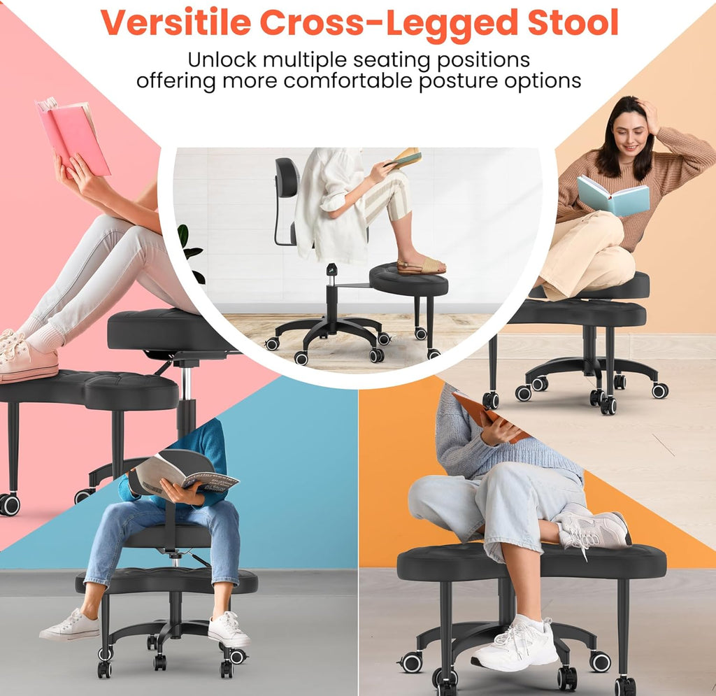 TASALON Cross Legged Office Chair, Criss Cross Chair with Wheels, 360° Swivel Adjustable Height ADHD Chair with Back Support, Ergonomic Kneeling Chair for Meditation, Yoga & Home Office Use, Black