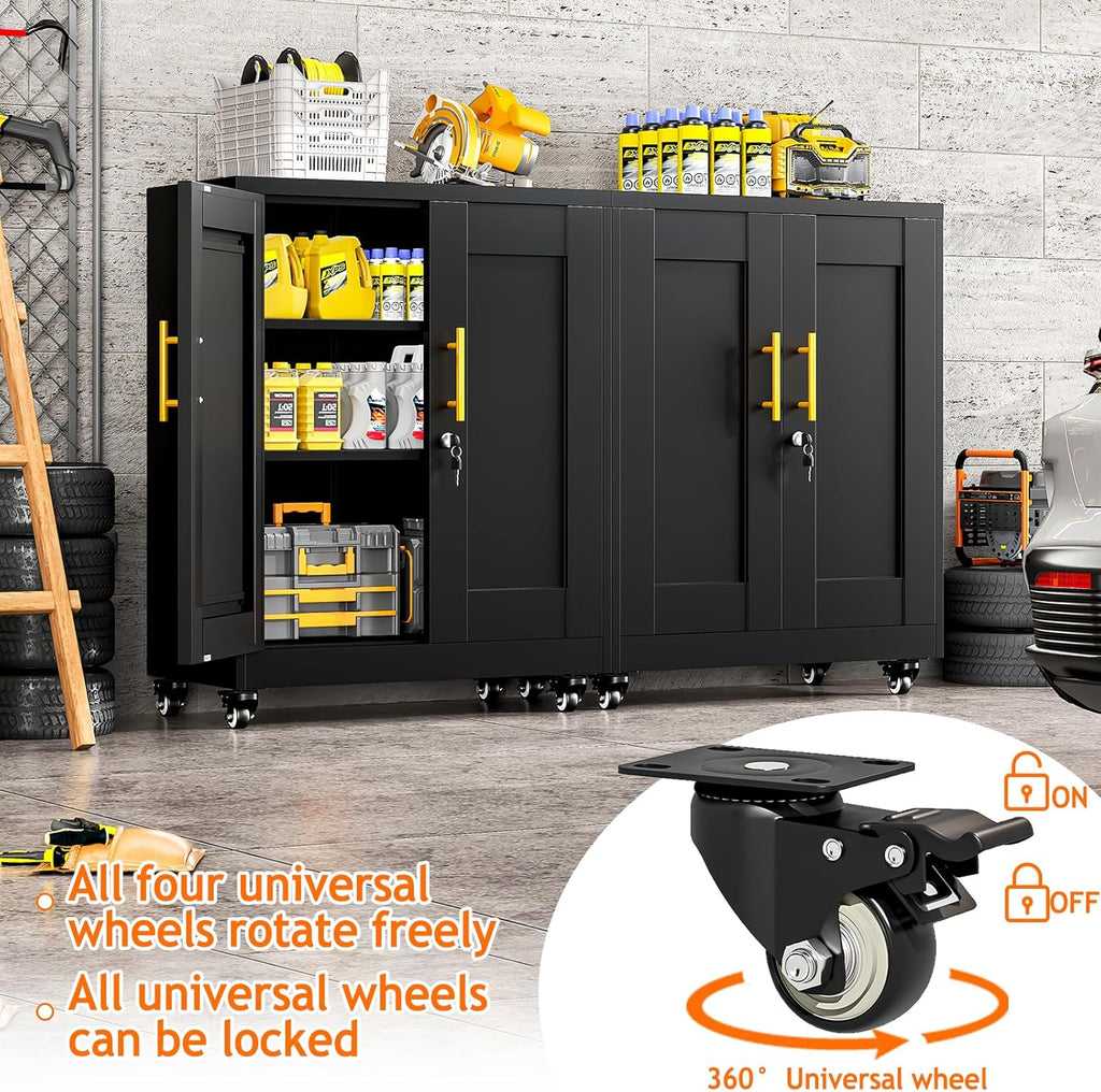 Metal Storage Cabinet with Wheels, 36" Tall Locking Storage Cabinet with 2 Adjustable Shelves, Locking Garage Cabinet, Steel Locker Organizer, for Office, Home, School, Black