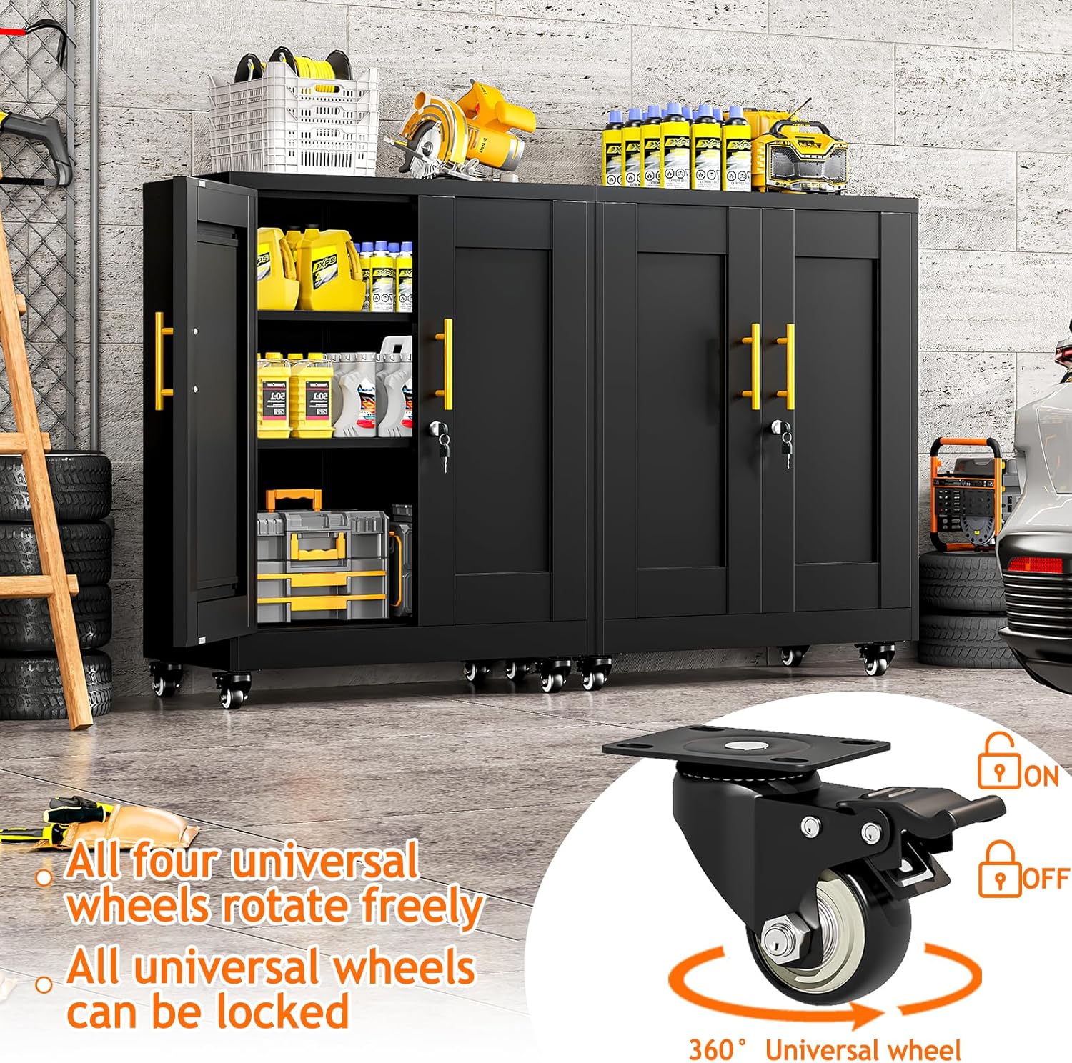 Metal Storage Cabinet with Wheels, 36" Tall Locking Storage Cabinet with 2 Adjustable Shelves, Locking Garage Cabinet, Steel Locker Organizer, for Office, Home, School, Black