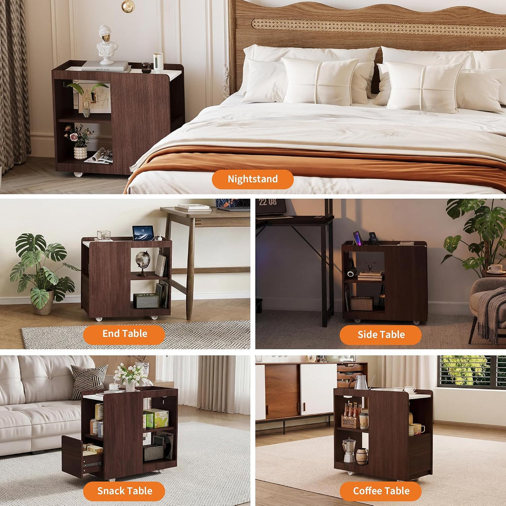 Garvee Narrow End Table with Charging Station, Rolling Side Table with Drawer, Adjustable Shelf, 2 AC Outlets, USB and Type-C Ports, Lockable Wheels, Walnut