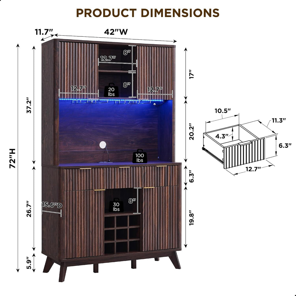 OKD 72" Tall Fluted Wine Cabinet, Modern Coffee Bar Cabinet, Dark Walnut | Charging Station, Led Lights, 4 Stemware Racks, 9 Wine Racks, 3 Drawers, 4 Cabinets, 2 Open Shelf, Home Bar Storage