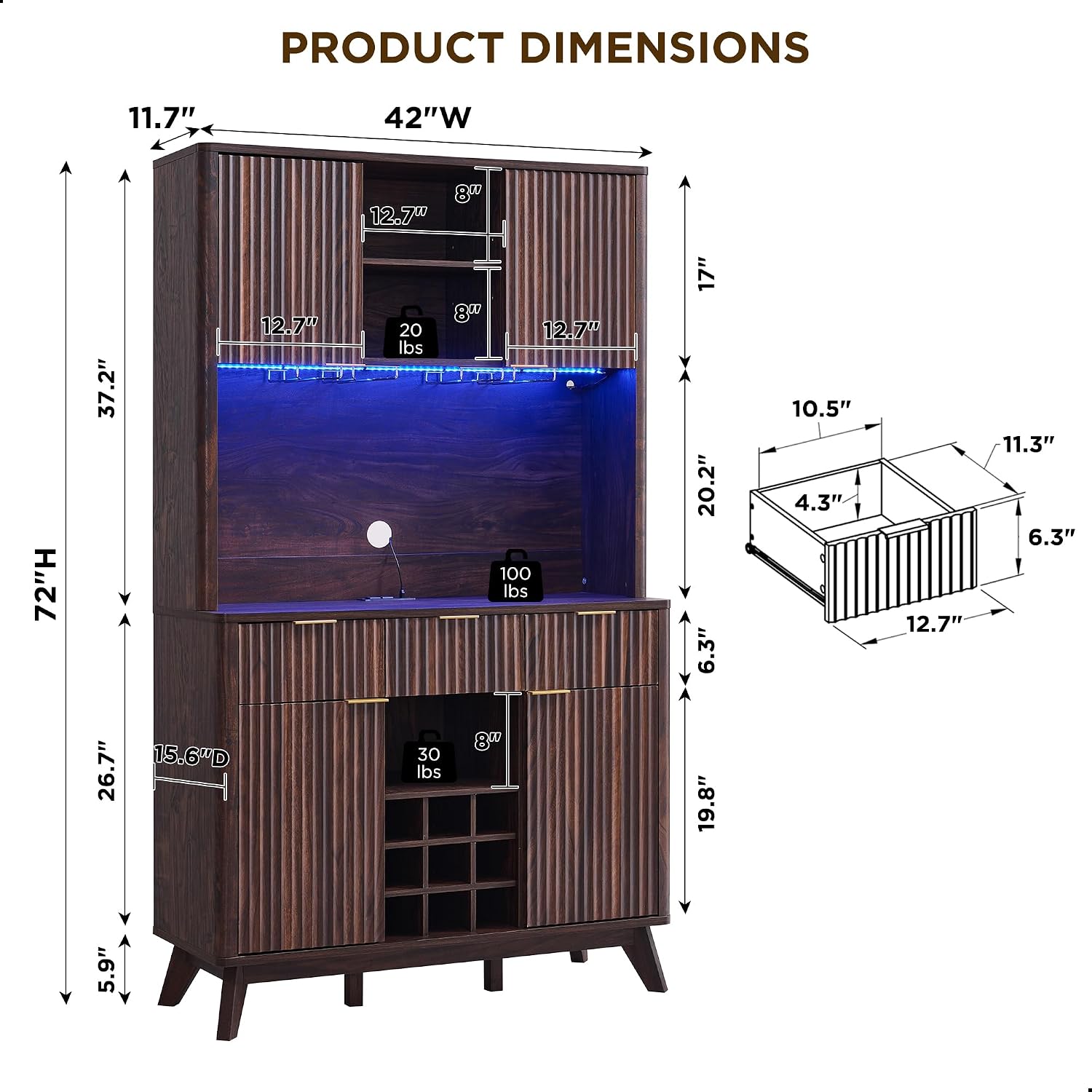 OKD 72" Tall Fluted Wine Cabinet, Modern Coffee Bar Cabinet, Dark Walnut | Charging Station, Led Lights, 4 Stemware Racks, 9 Wine Racks, 3 Drawers, 4 Cabinets, 2 Open Shelf, Home Bar Storage