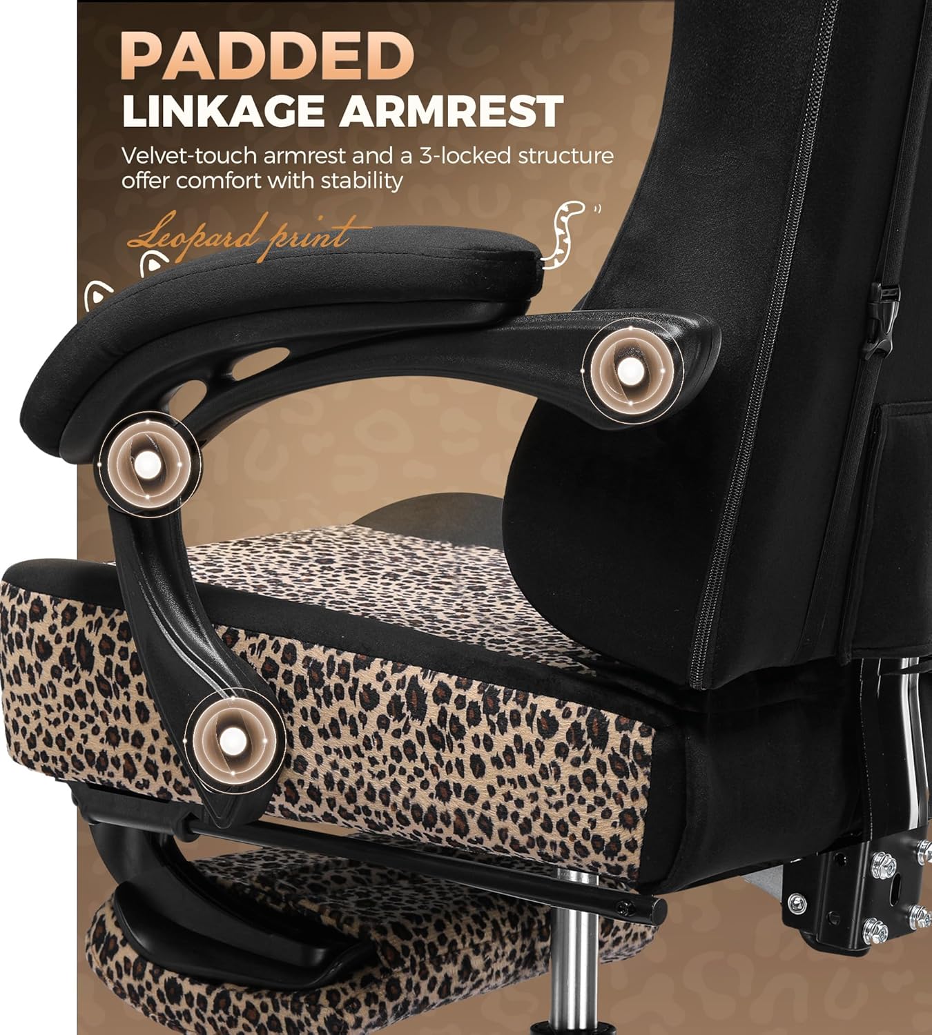 GTPLAYER Gaming Chair with Leopard Print Cat, Cute Velvet Fabric Ergonomic Computer Chair with Footrest Headrest and Lumbar Support, Big and Tall Comfortable Video Gamer Chair for Women Gift