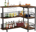 Tribesigns L-Shaped Home Bar Unit, 3 Tier Liquor Table With Storage Shelves and Wine Glasses Holder, Industrial Corner Wine Cabinet Mini Bar for Home Kitchen Pub, Rustic Brown