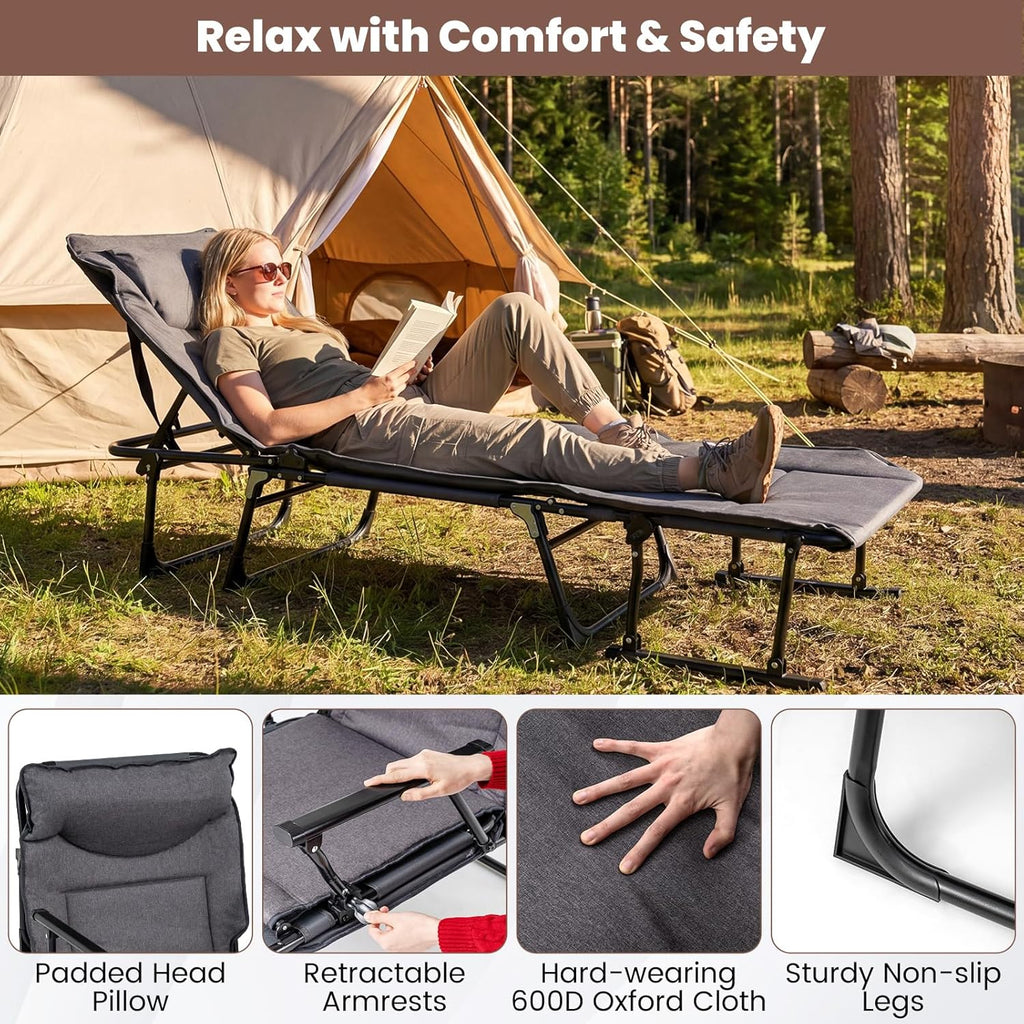 Giantex Folding Patio Lounge Chair with 6 Backrest Positions, Portable Foldable Bed with Cushion and Armrest, Head Pillow, Adjustable Recliner, Outdoor Camping Cot for Yard, Bench, Office, Home (1)