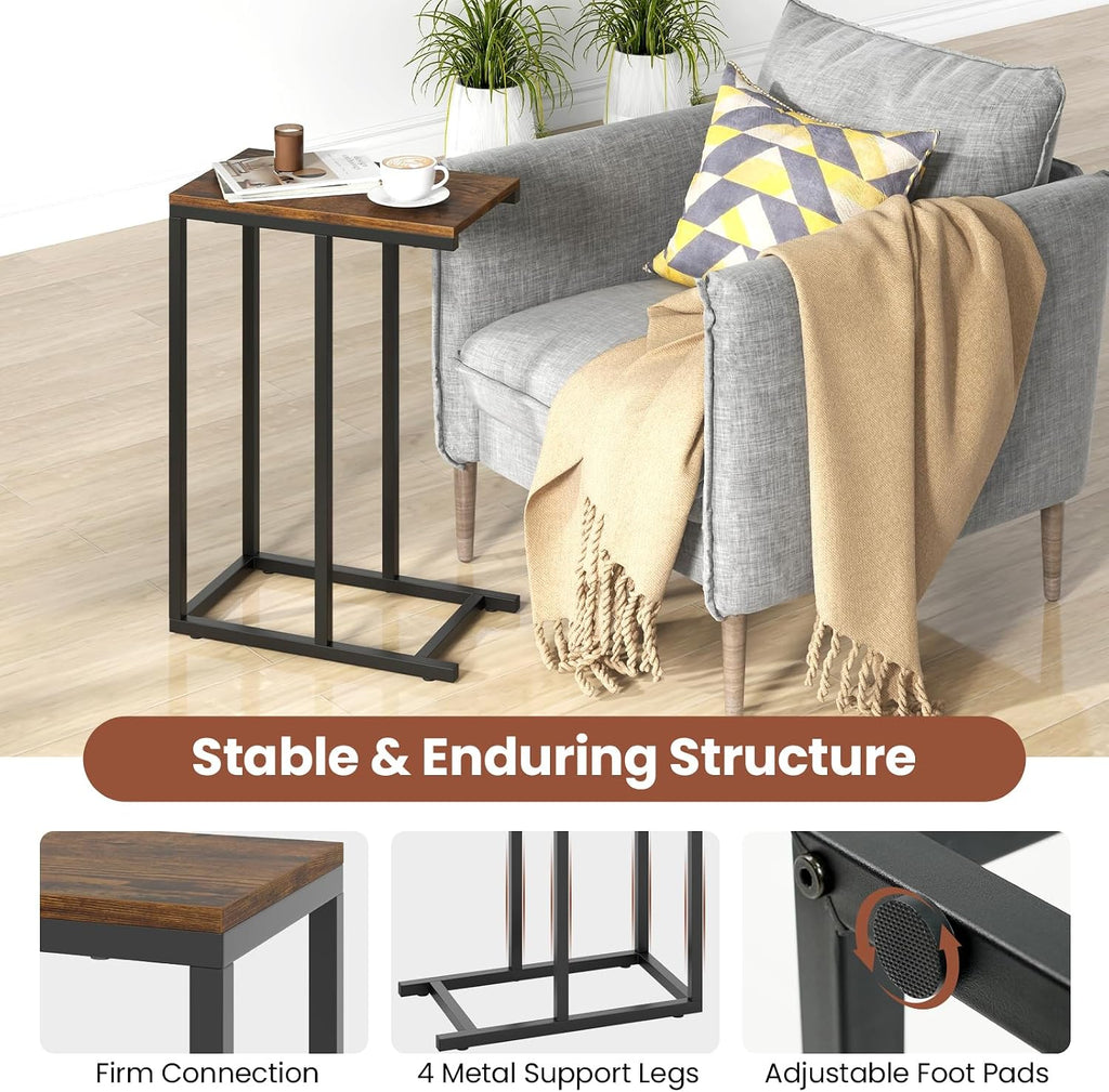 HOMGX C-Shaped Sofa Side Table, Industrial End Table with Metal Frame, Compact Bedside Table, Couch Side Table for Bedroom, Study, Living Room (Rustic Brown)