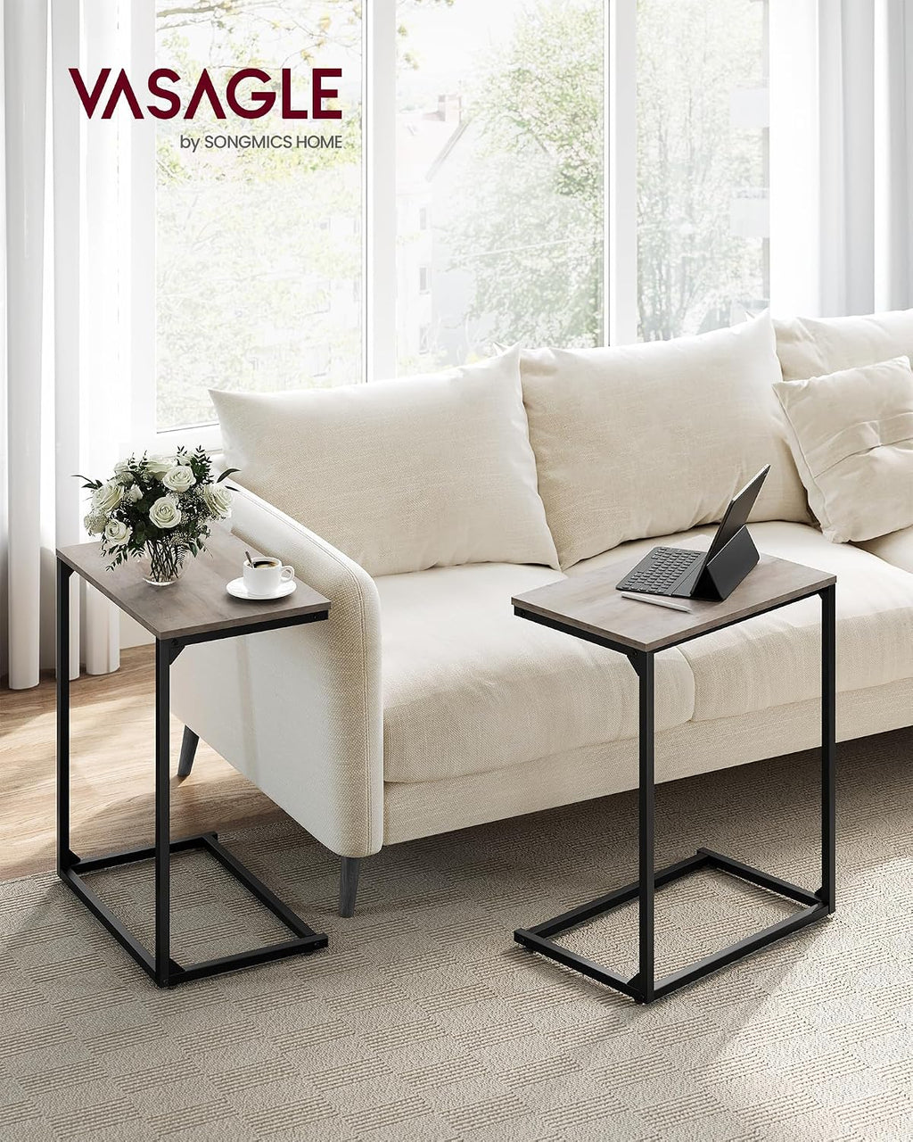 VASAGLE C Shape End Table, Small Coffee Table For Couch Or Sofa, Industrial Side Table In Living Room, Bedroom, 13.8 x 21.7 x 26 Inches, Greige and Classic Black ULNT052B02 | TV Tray, Small Coffee Table in Living Room, Bedroom, 13.8 x 21.7 x 26 Inches