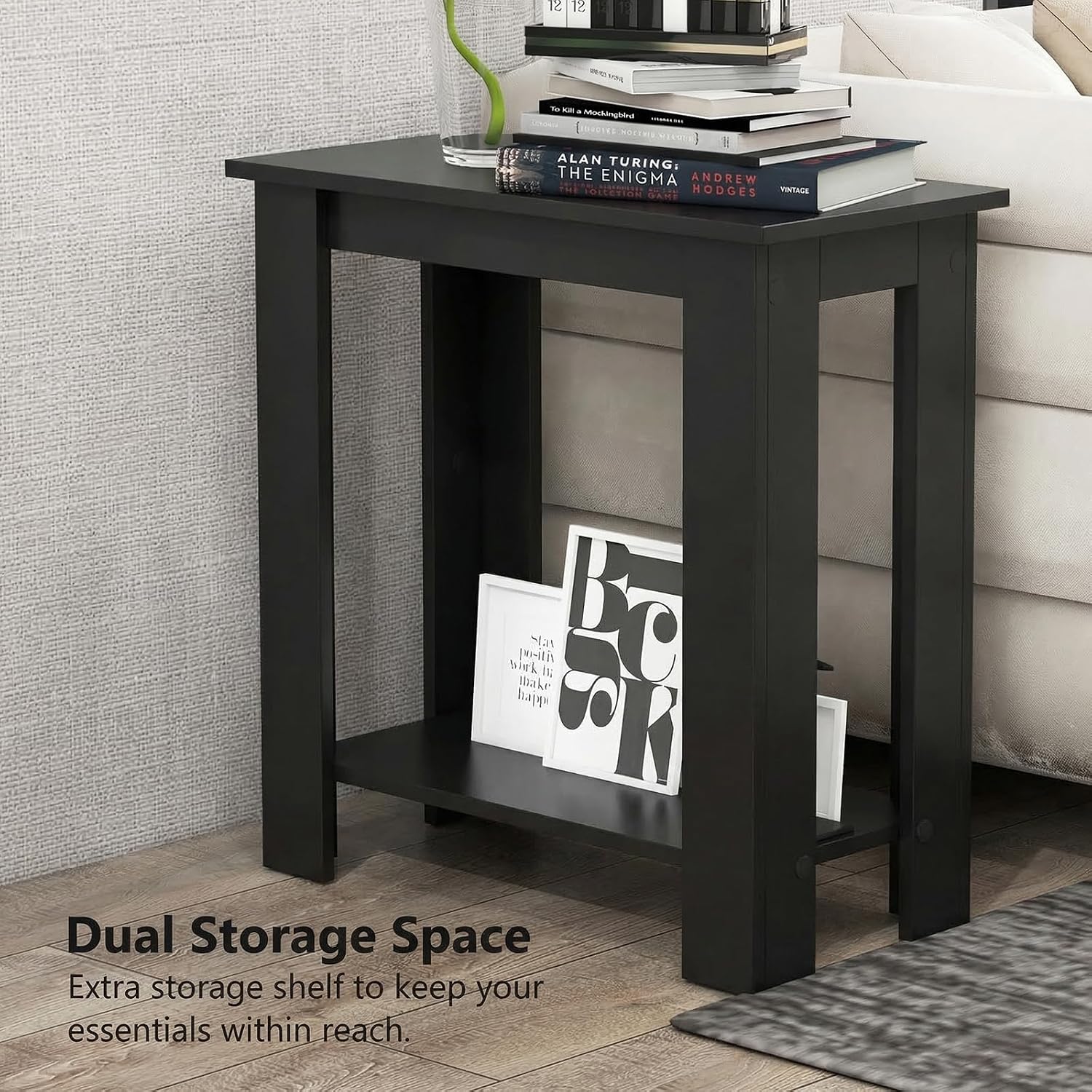 GOFLAME 24” Side Table, 2-Tier Rectangular End Table with Storage Shelf, Multipurpose Night Stand for Bedroom, Living Room, Black
