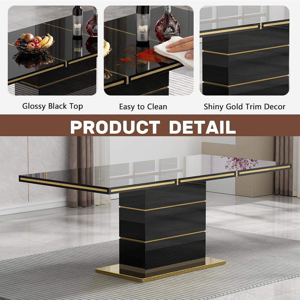 SSLine 5-Piece High-Gloss Black Dining Table Set for 4,Modern 70" Wood Kitchen Table with 4 Velvet Tufted Chairs,Luxury Rectangle Dining Room Tables with Pillar Gold Steel Pedestal Base