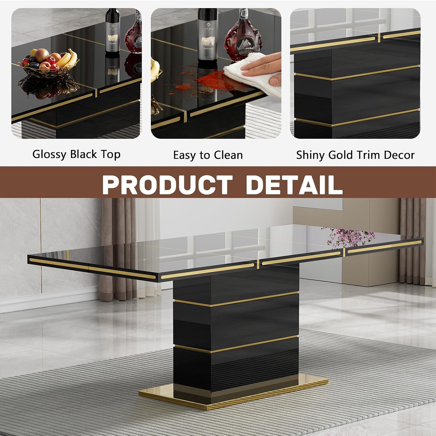 SSLine 5-Piece High-Gloss Black Dining Table Set for 4,Modern 70" Wood Kitchen Table with 4 Velvet Tufted Chairs,Luxury Rectangle Dining Room Tables with Pillar Gold Steel Pedestal Base