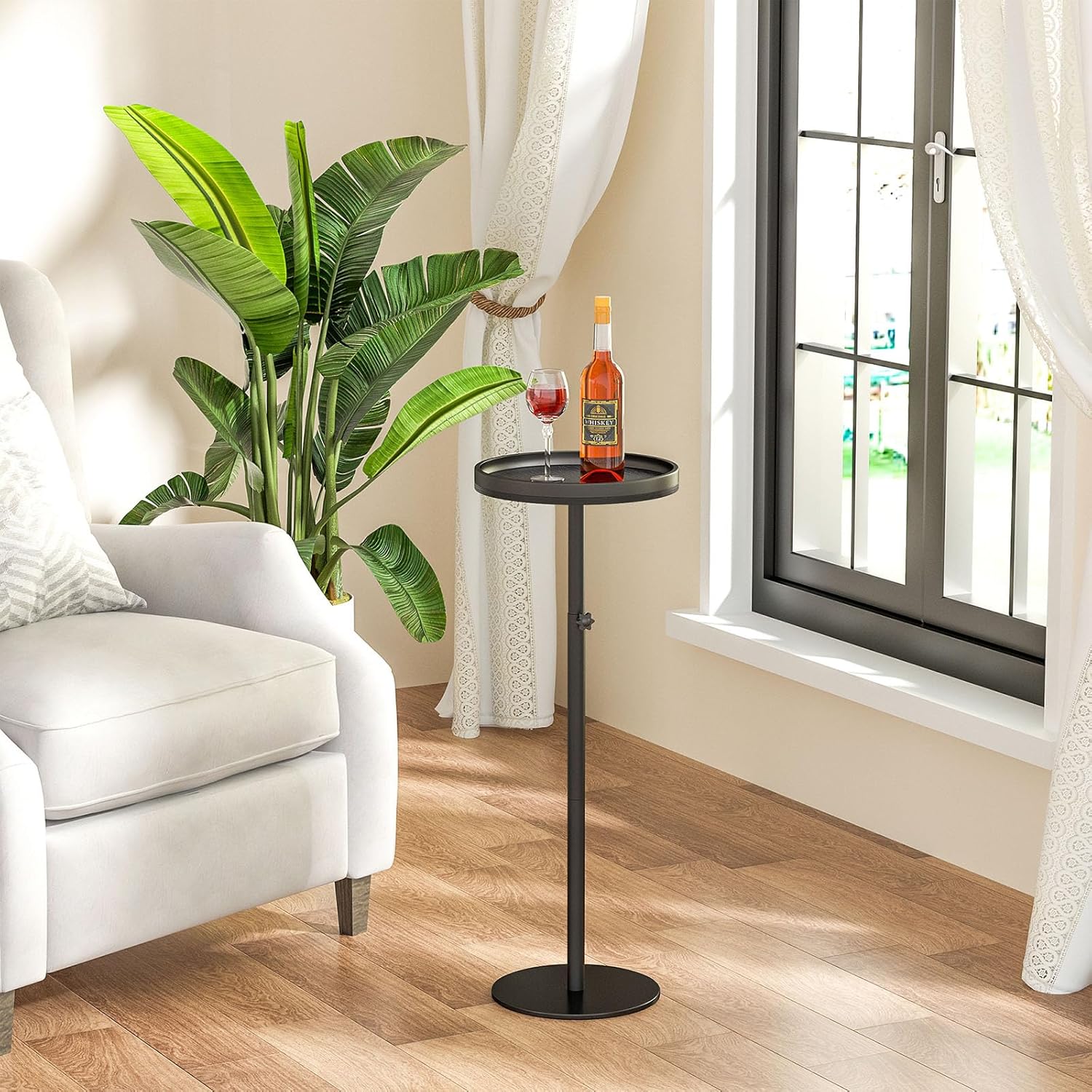 Height Adjustable Drink Table, Set of 2, Small Round Side Table, Martini Table with Weighted Base Pedestal for Small Spaces, Living Room, Bedroom, Couch (2, Black)