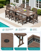 SERWALL Outdoor 84" HDPE Dining Table with Umbrella Hole for 6-8, Brown | 9-piece HDPE 84" dining table, Ideal for Outdoor Gathering