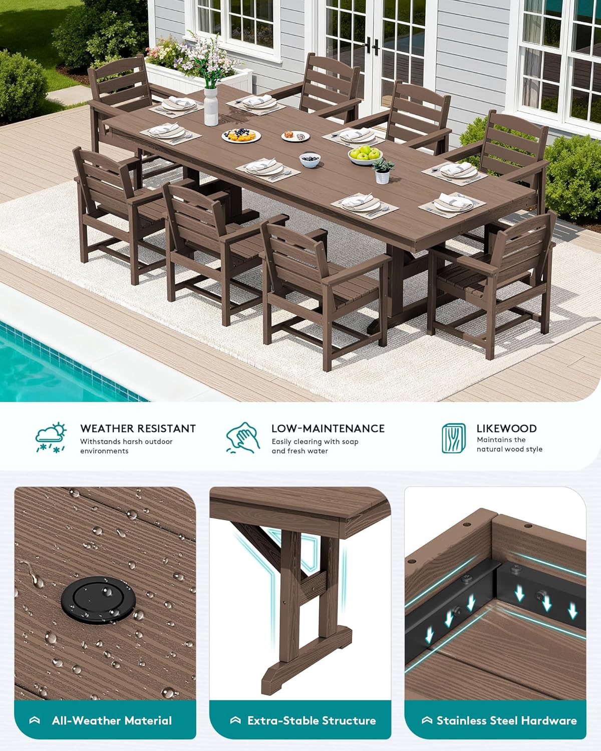 SERWALL Outdoor 84" HDPE Dining Table with Umbrella Hole for 6-8, Brown | 9-piece HDPE 84" dining table, Ideal for Outdoor Gathering