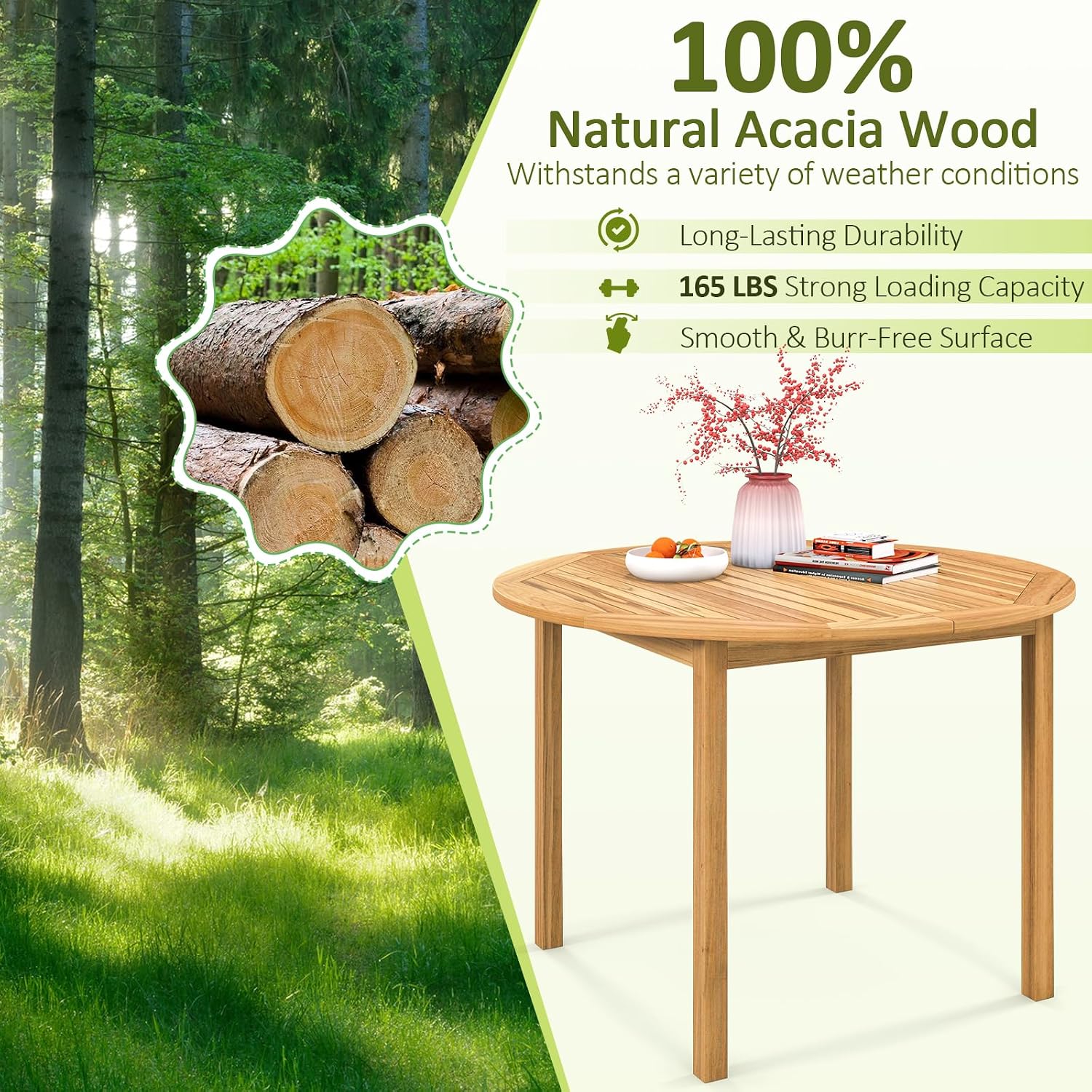 Tangkula 39.5" Round Outdoor Dining Table for 4, Acacia Wood 4-Person Large Patio Dining Table, Farmhouse Indoor Outdoor Dining Furniture for Deck, Garden, Poolside & Backyard