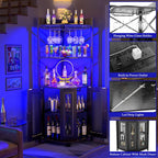 Aheaplus Corner Bar Cabinet with Power Outlet, Industrial Wine Cabinet with LED Strip and Glass Holder, 5-Tiers Liquor Cabinets Bar Unit for Home, Corner Display Cabinets for Small Space, Black